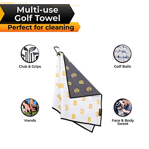 HODL 21 Golf Towel Bitcoin - Premium Towels Waffle Pattern with Two Sided Design - Heavy Duty Carabiner Clip to Secure to Golf Bags Golf Clubs and Ball Towel Accessories (Black and White)