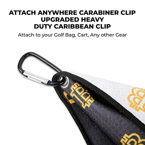 HODL 21 Golf Towel Bitcoin - Premium Towels Waffle Pattern with Two Sided Design - Heavy Duty Carabiner Clip to Secure to Golf Bags Golf Clubs and Ball Towel Accessories (Black and White)