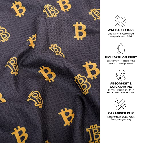 HODL 21 Golf Towel Bitcoin - Premium Towels Waffle Pattern with Two Sided Design - Heavy Duty Carabiner Clip to Secure to Golf Bags Golf Clubs and Ball Towel Accessories (Black and White)