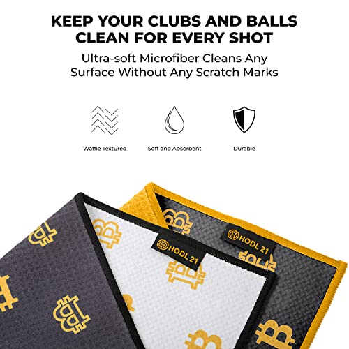 HODL 21 Golf Towel Bitcoin - Premium Towels Waffle Pattern with Two Sided Design - Heavy Duty Carabiner Clip to Secure to Golf Bags Golf Clubs and Ball Towel Accessories (Black and White)