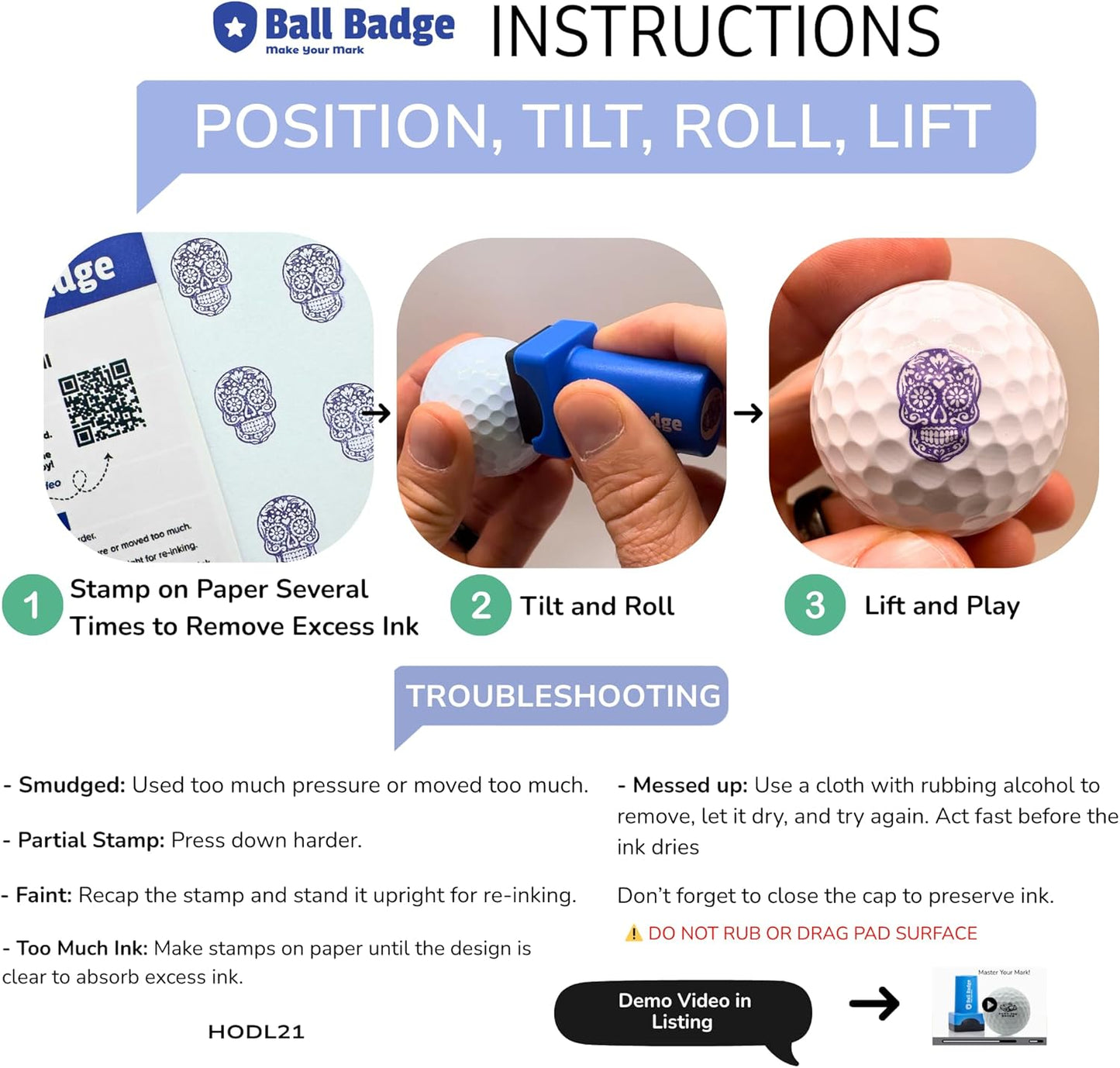 Ball Badge - Golf Ball Stamp, Self-Inking Golf Ball Stamper, Golf Ball Marker, Reusable Golf Ball Marking Tool to Identify Golf Balls, Reusable Ink Stamp - Icon Series