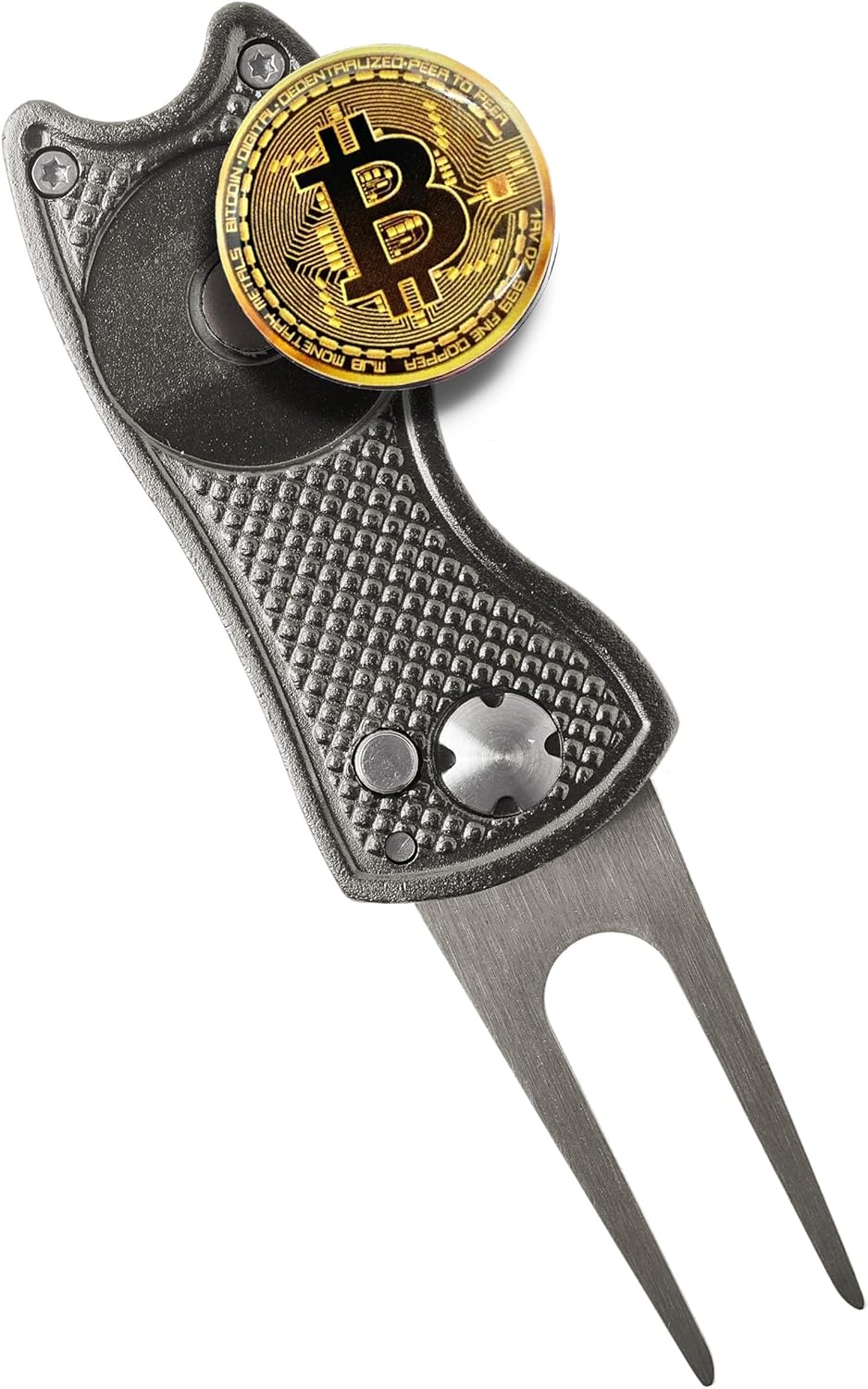 Bitcoin Golf Divot Repair Tool, All-Metal Golf Accessories - 3- in-1 Golf Multitool (Divot Tool, Ball Marker, Club Holder) | Foldable with with Pop-up Button & Magnetic Ball Marker