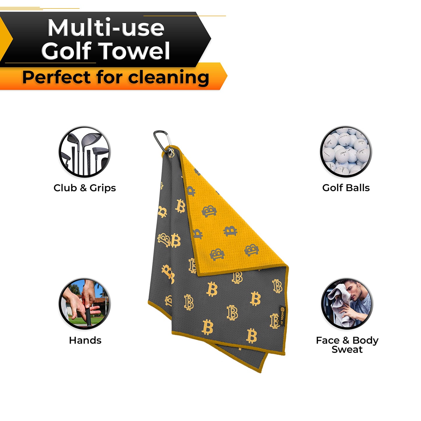 HODL 21 Golf Towel Bitcoin - Premium Towels Waffle Pattern with Two Sided Design - Heavy Duty Carabiner Clip to Secure to Golf Bags Golf Clubs and Ball Towel Accessories (Black and White)