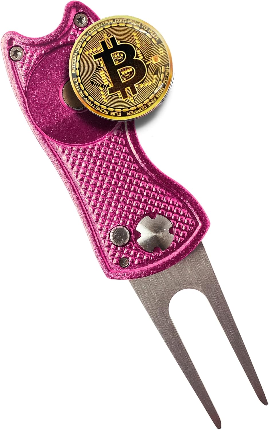Bitcoin Golf Divot Repair Tool, All-Metal Golf Accessories - 3- in-1 Golf Multitool (Divot Tool, Ball Marker, Club Holder) | Foldable with with Pop-up Button & Magnetic Ball Marker
