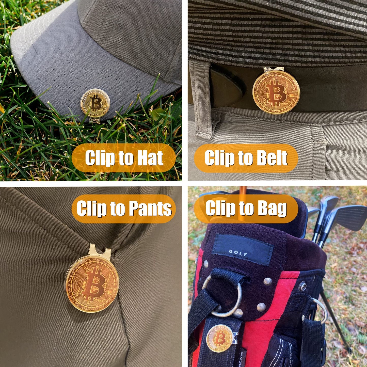 HODL 21 Bitcoin Golf Ball Marker with Magnetic Hat Clip Set - Men's and Women's Golf Accessories and Gift Ideas - 2 Bitcoin Ball Markers - Removable Attaches Easily to Golf Cap