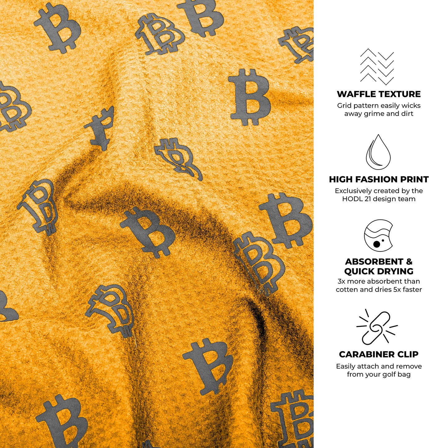 HODL 21 Golf Towel Bitcoin - Premium Towels Waffle Pattern with Two Sided Design - Heavy Duty Carabiner Clip to Secure to Golf Bags Golf Clubs and Ball Towel Accessories (Black and White)