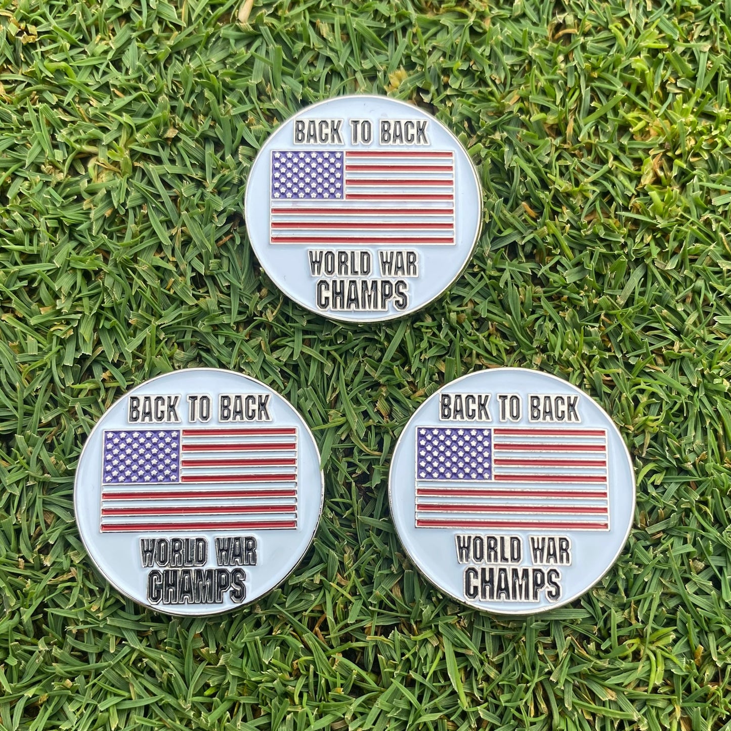 HODL 21 Back to Back World War Champs - Golf Ball Marker - Value Pack of 3 American Flag Golf Ball Markers - Magnetic Novelty America Golf Ball Markers - USA Golf Ball Markers - Lot of 3