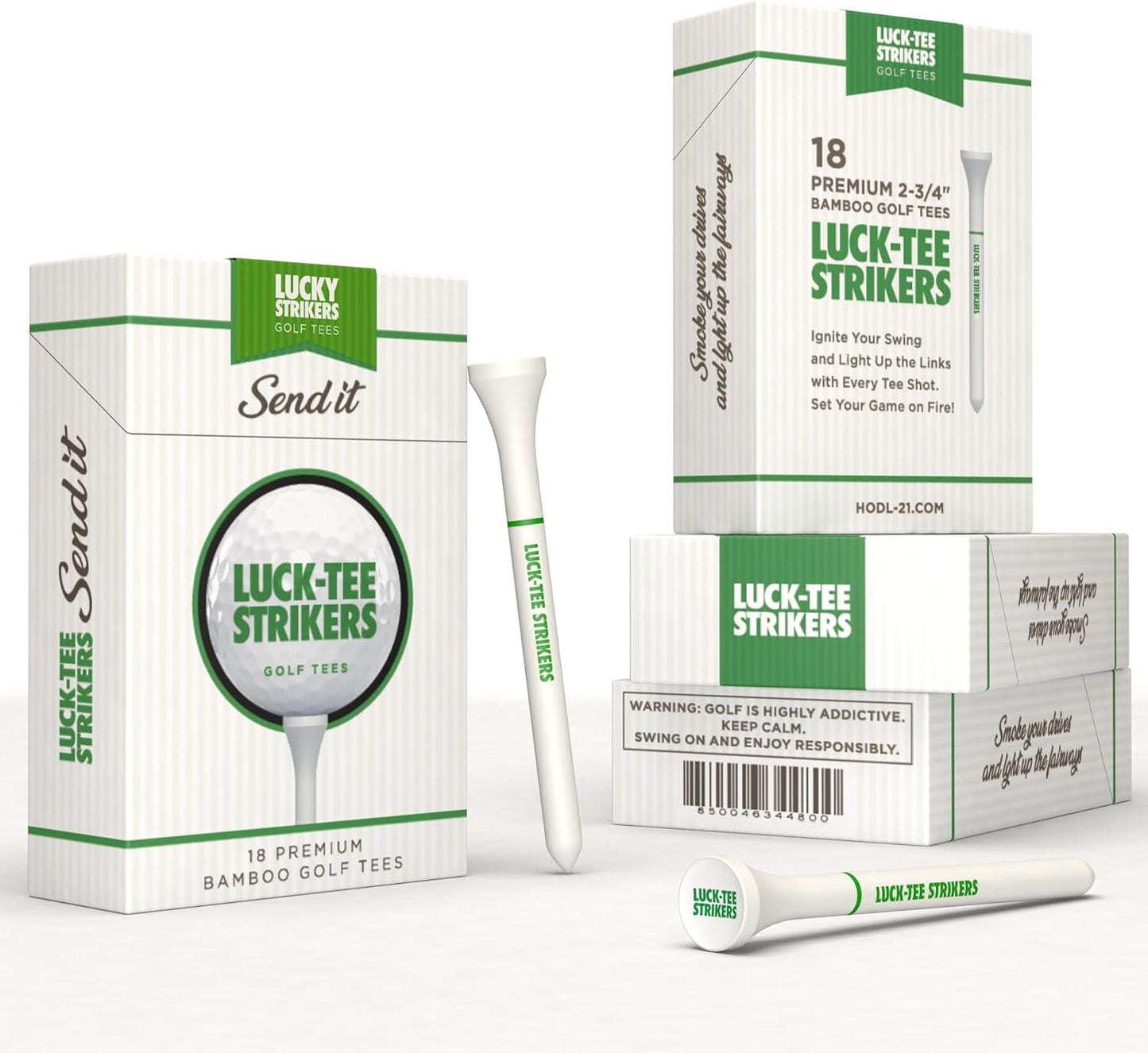Luck-Tee Strikers Premium Bamboo Golf Tees | Pack of 18 Eco-Friendly 3.25-Inch Tees in Unique Style Packaging