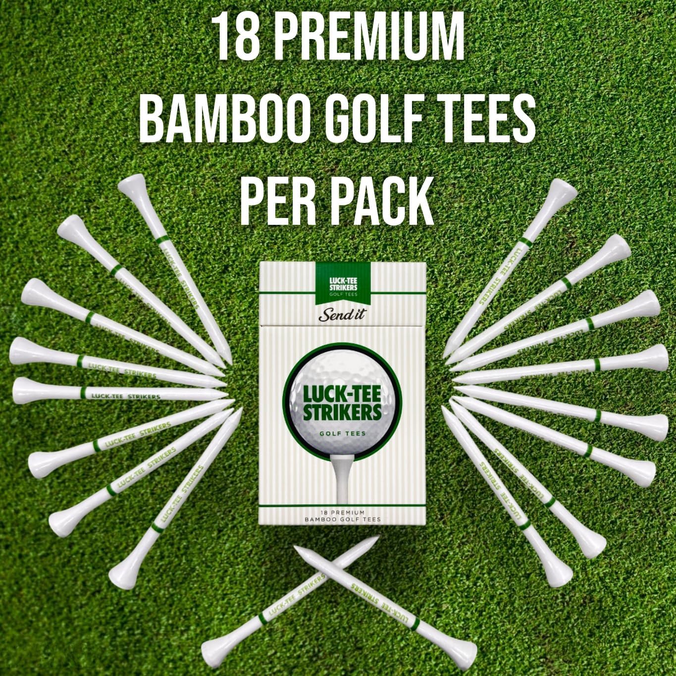 Luck-Tee Strikers Premium Bamboo Golf Tees | Pack of 18 Eco-Friendly 3.25-Inch Tees in Unique Style Packaging
