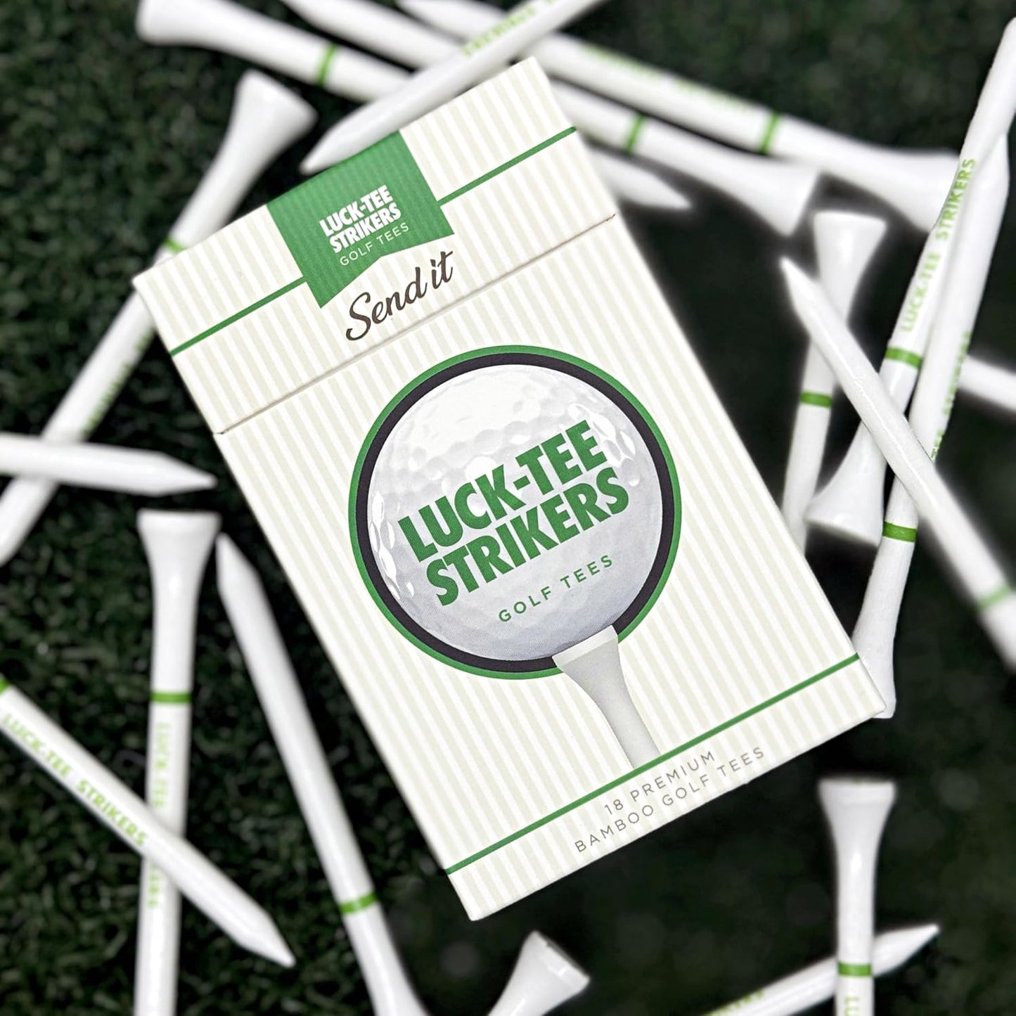 Luck-Tee Strikers Premium Bamboo Golf Tees | Pack of 18 Eco-Friendly 3.25-Inch Tees in Unique Style Packaging