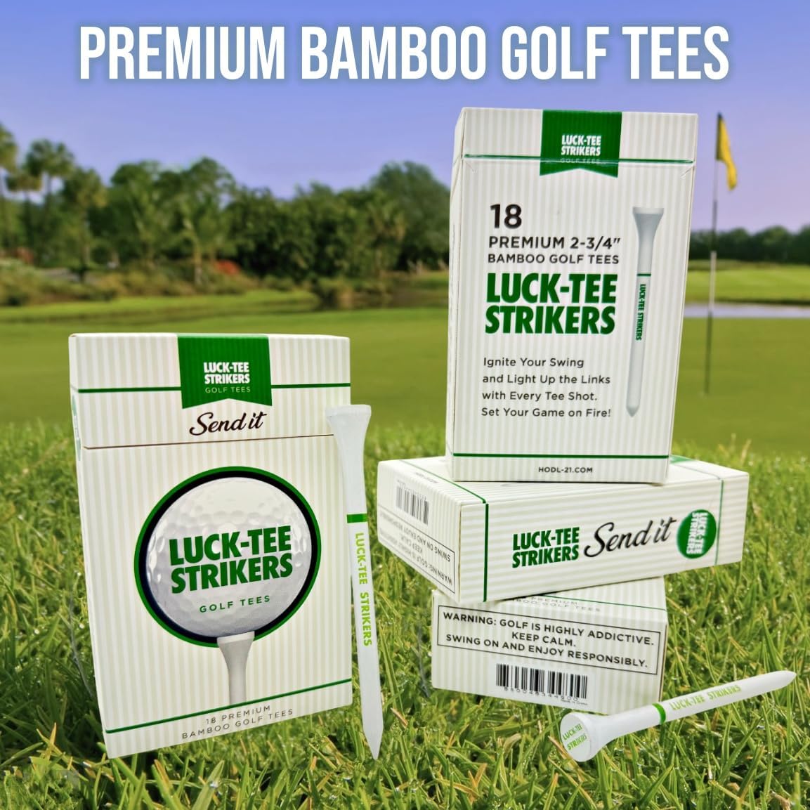 Luck-Tee Strikers Premium Bamboo Golf Tees | Pack of 18 Eco-Friendly 3.25-Inch Tees in Unique Style Packaging