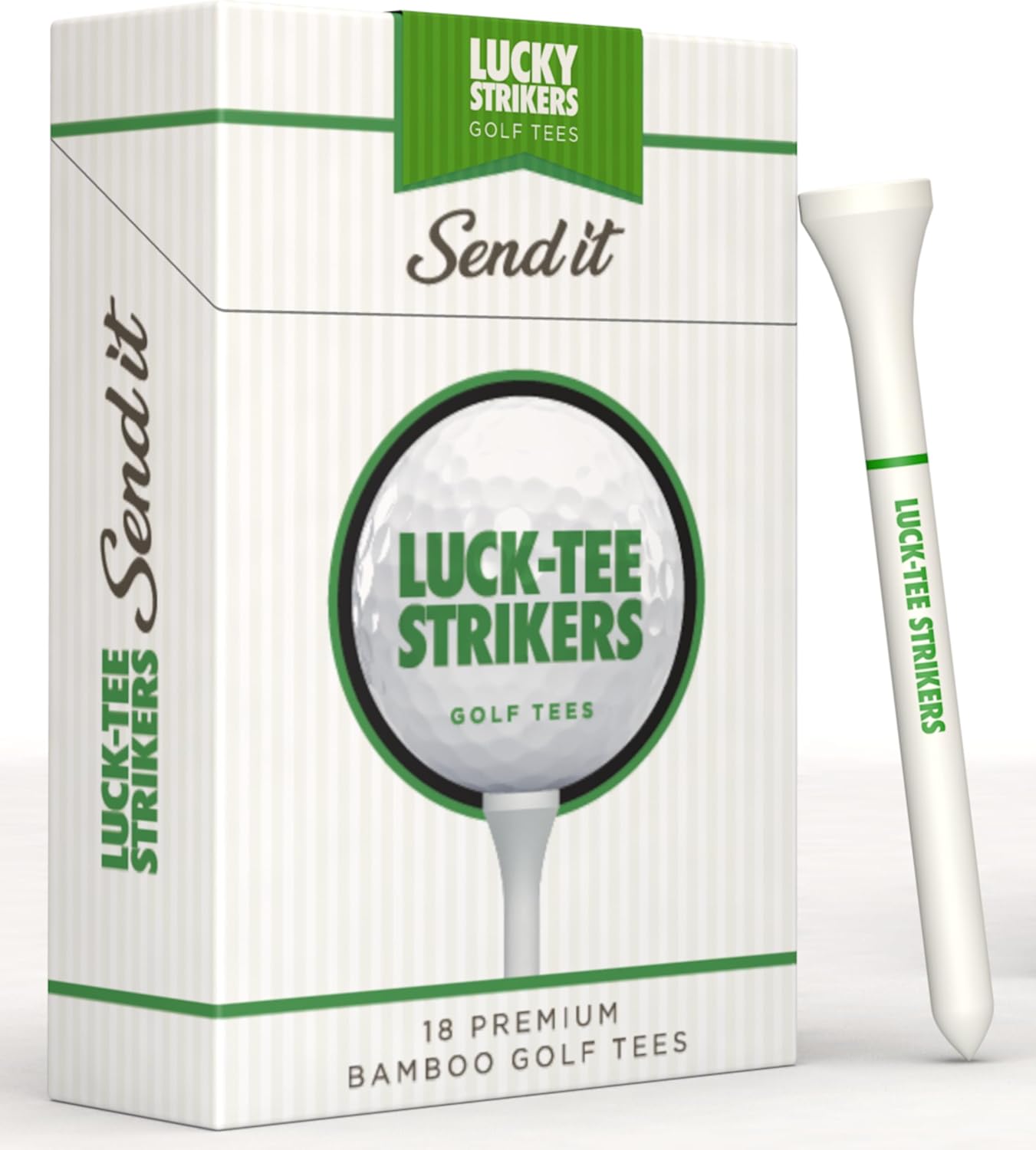 Luck-Tee Strikers Premium Bamboo Golf Tees | Pack of 18 Eco-Friendly 3.25-Inch Tees in Unique Style Packaging